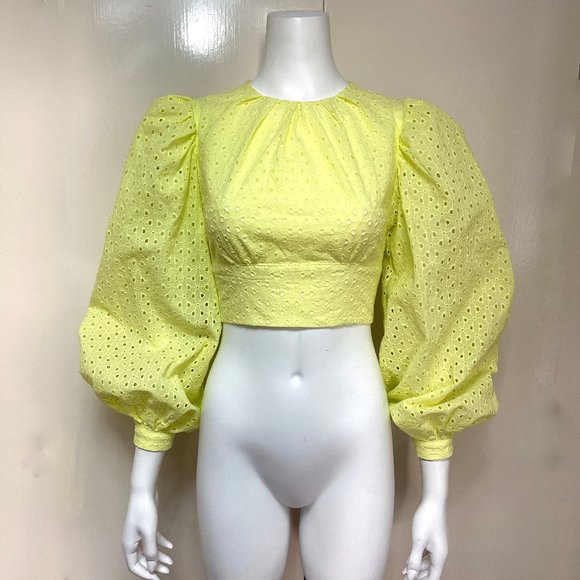 SHEIN PREMIUM 100% COTTON PUFF SLEEVE eyelet back zipper Crop TOP 2 - Picture 7 of 14